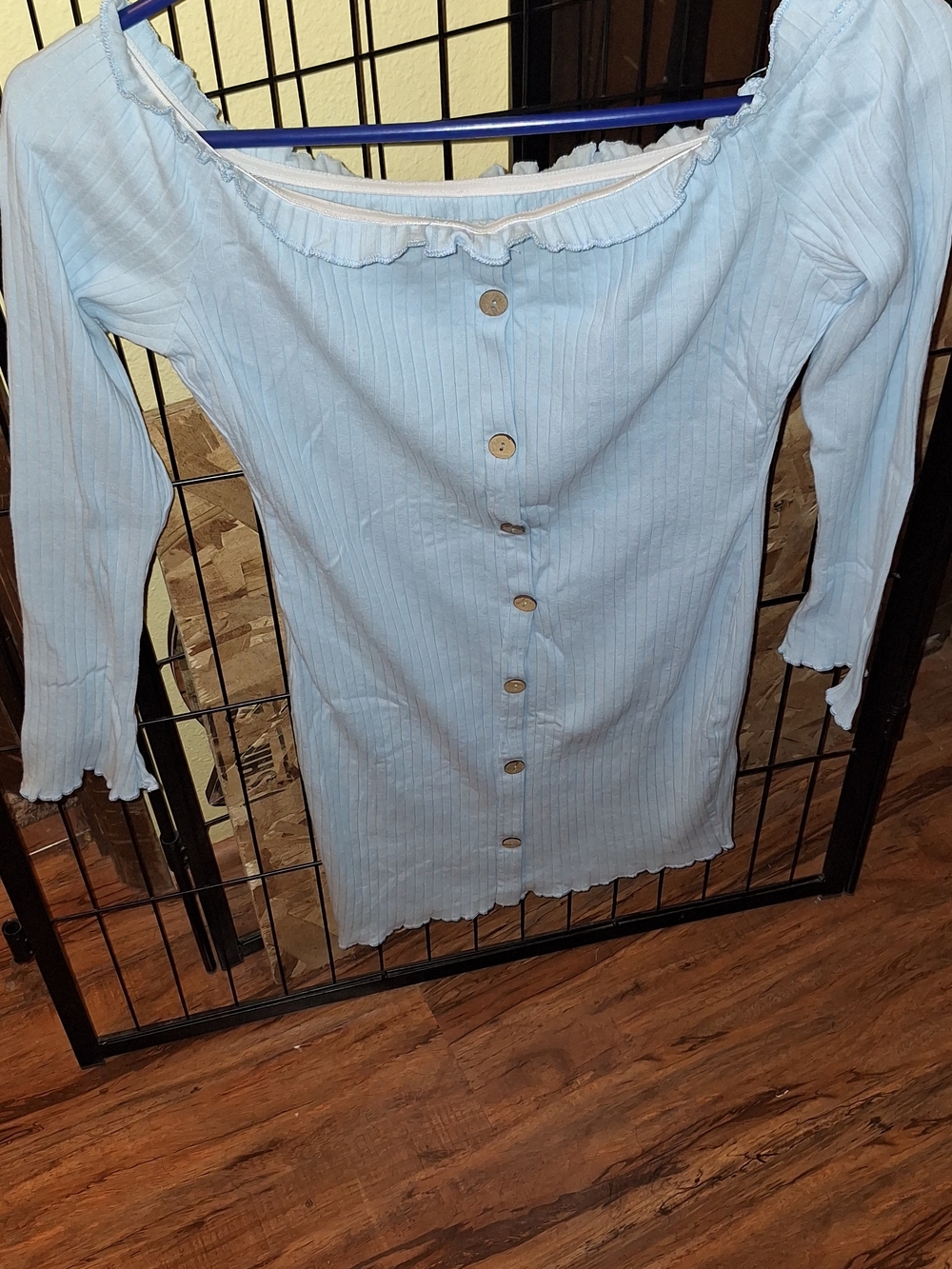 SHEIN Light Blue Ribbed Off-Shoulder Button-Front Top